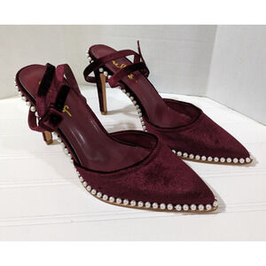 Lulus Shoes Red Velvet With Pearls High Heel Wrap Ankle Stiletto Prom Dance